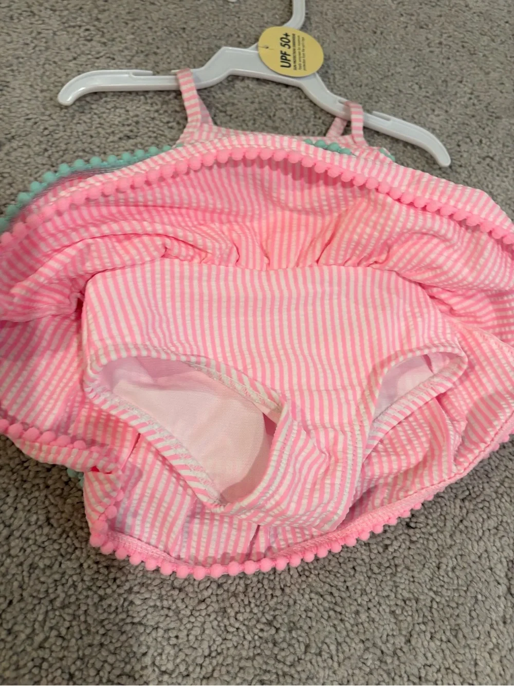 Girls Pink Striped Seersucker Ruffle Swim Dress with Pom Trim NWT - 3 MO